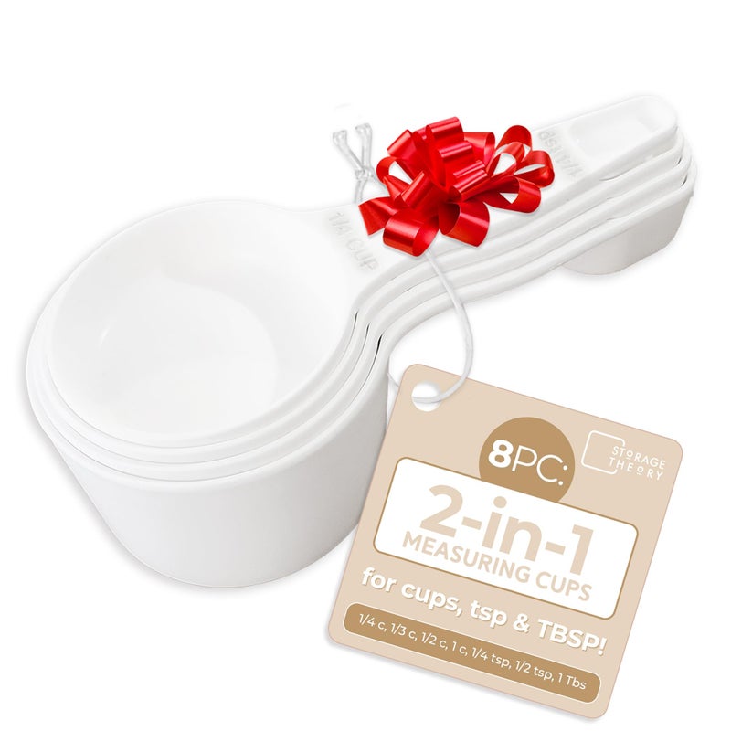 Storage Theory 2-in-1 Measuring Cups & Spoons Set (4-Piece) - Nesting Space-Saving Kitchen Gadget - BPA-Free Food Grade Plastic - Dishwasher Safe for Baking, Cooking, Coffee - White - Image 1